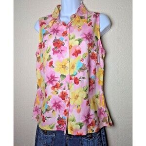 Pink Yellow Tropical Floral Silk Tank Top Size Medium Festival Retro Vacation